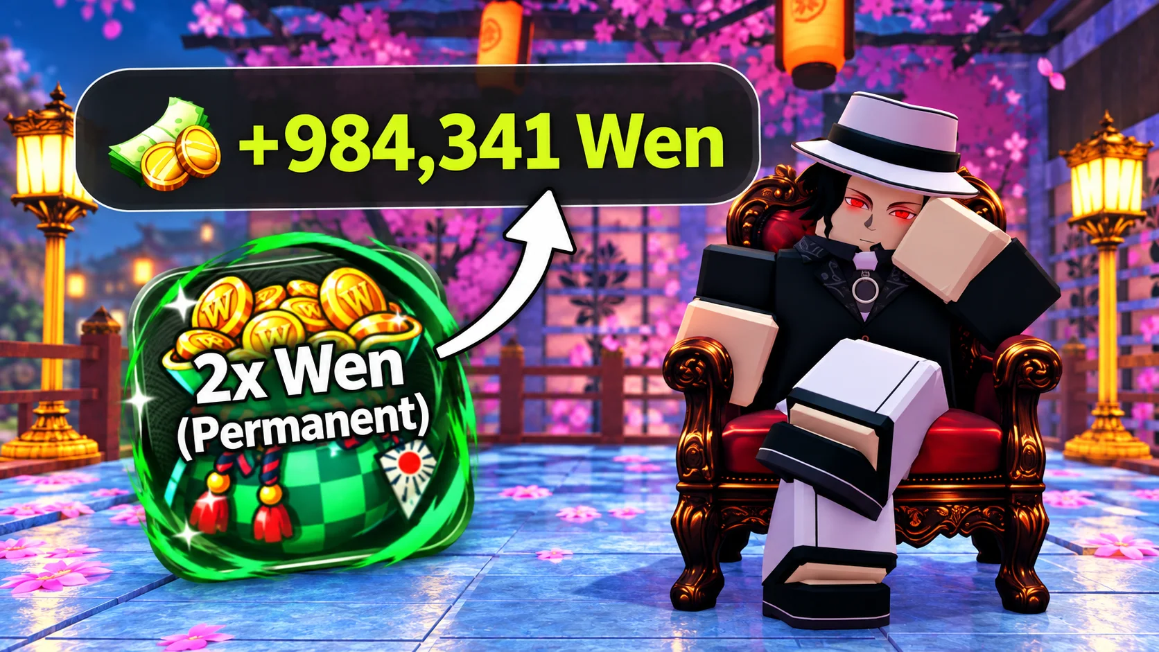 Slayer 2 Wen farming cover with a seated character, coins and a 2x Wen boost illustration
