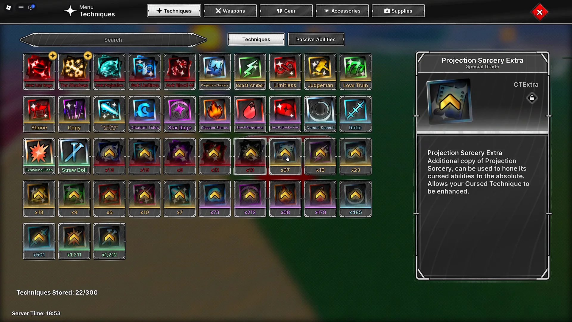 Jujutsu Zero Techniques inventory showing Ten Shadows and Awakened Star Rage