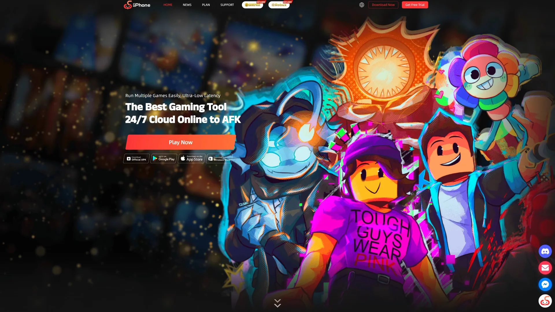 UgPhone homepage with Play Now and cloud-gaming service options