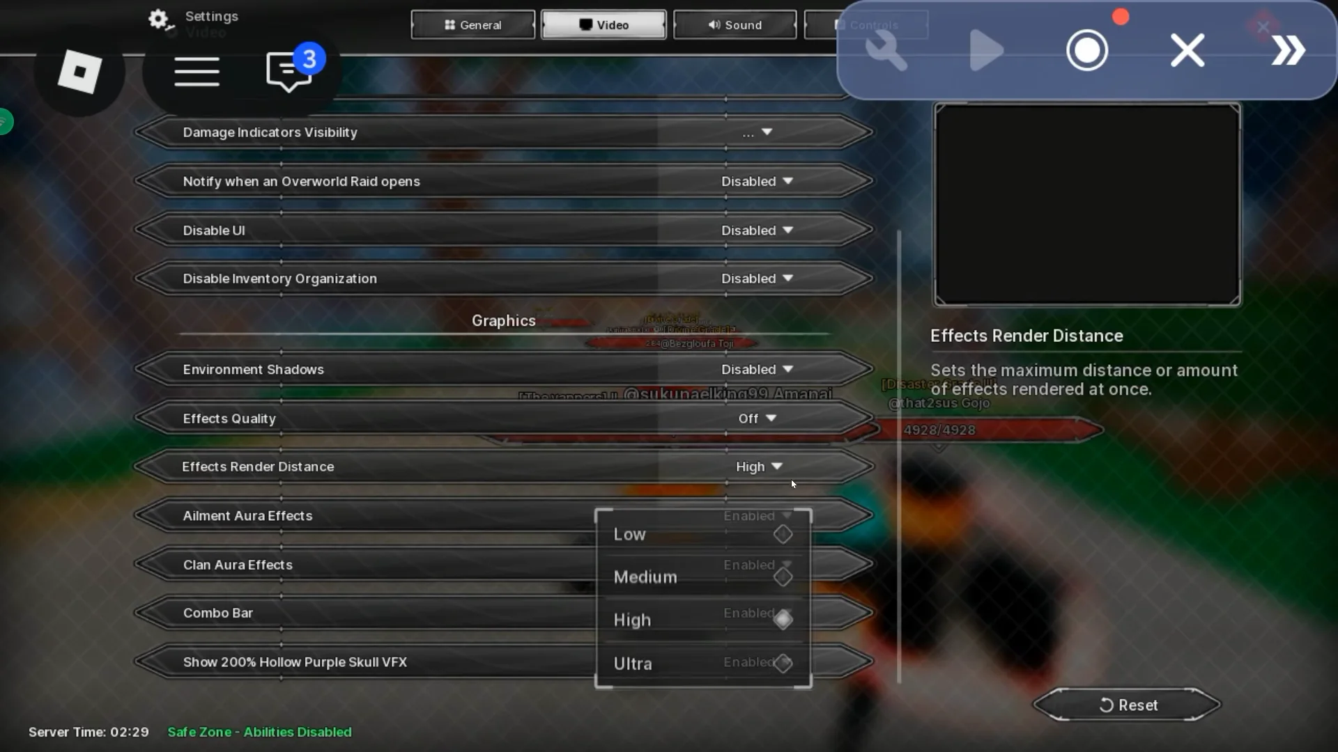 Jujutsu Zero Video settings showing disabled environment shadows, effects quality off and the effects render distance menu