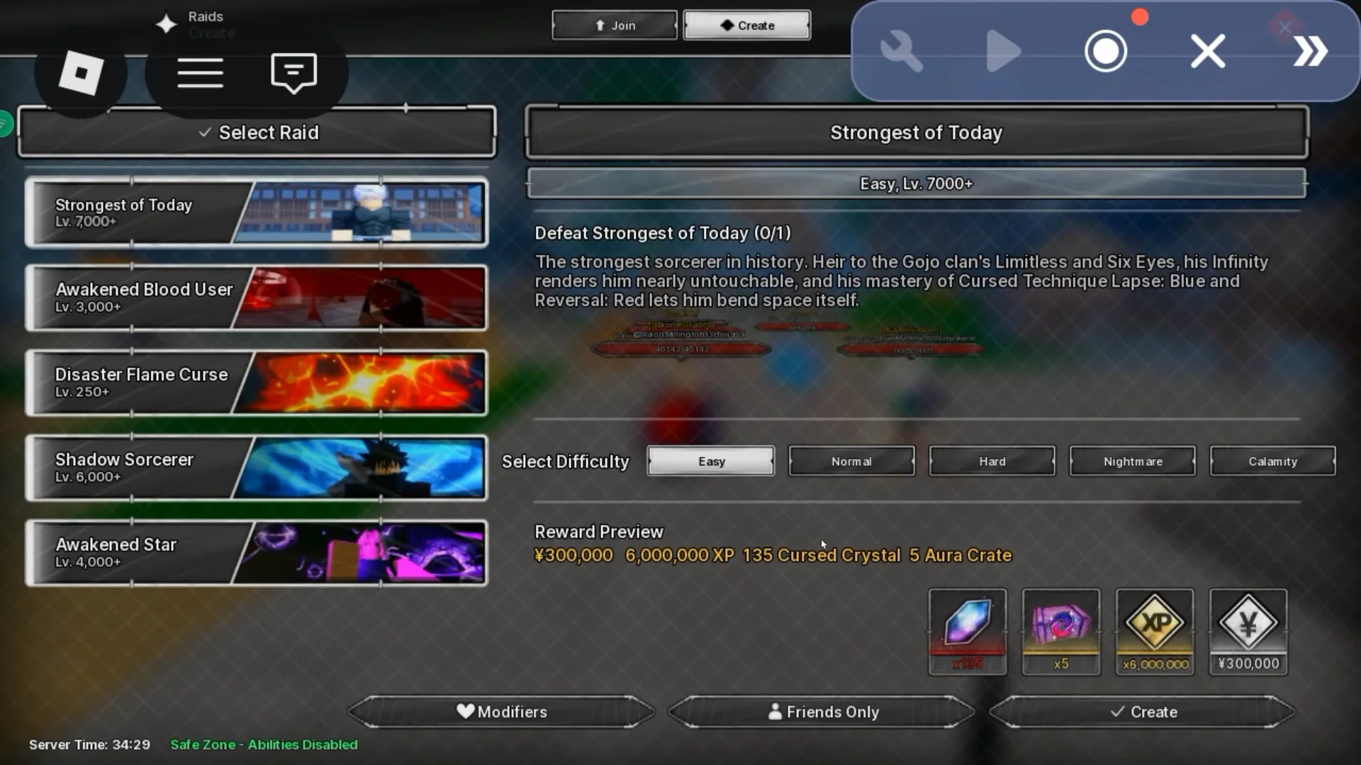 Strongest of Today raid creation screen with Easy difficulty selected and level 7000 requirement