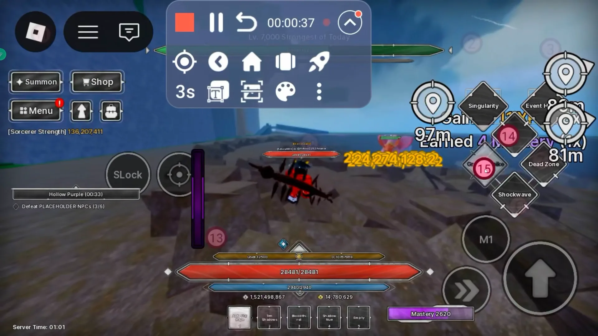 Awakened Star Rage combat during a recorded raid with skill tap markers and recorder controls