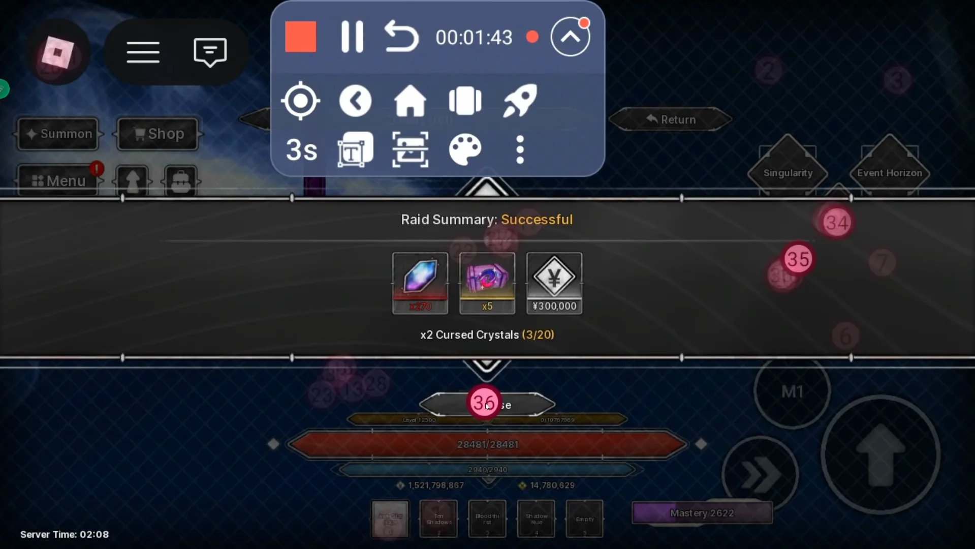 Successful raid summary showing Cursed Crystals, Aura Crates and Yen with recorder tap markers