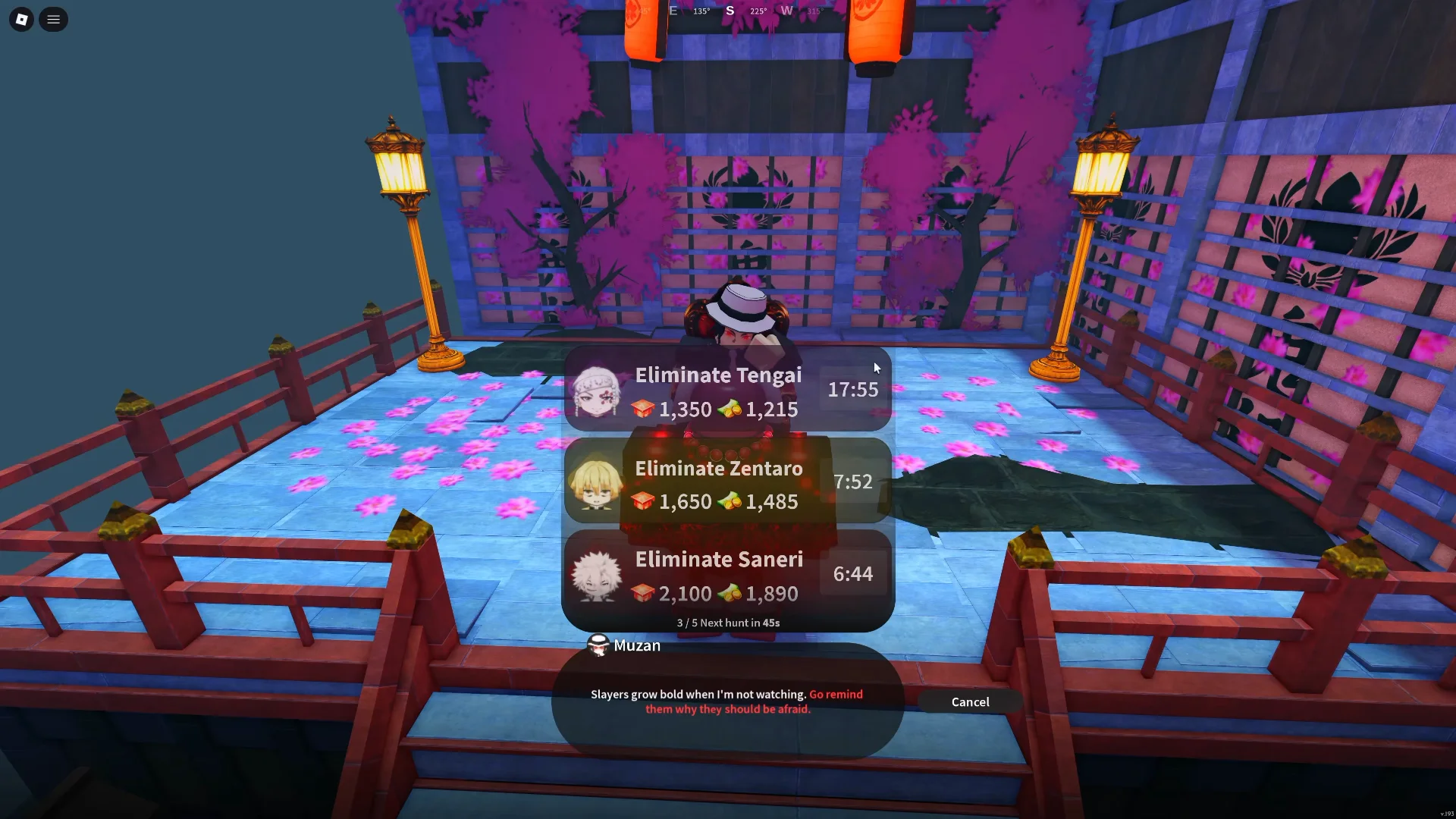 Muzan's repeatable boss quest menu showing Wen rewards