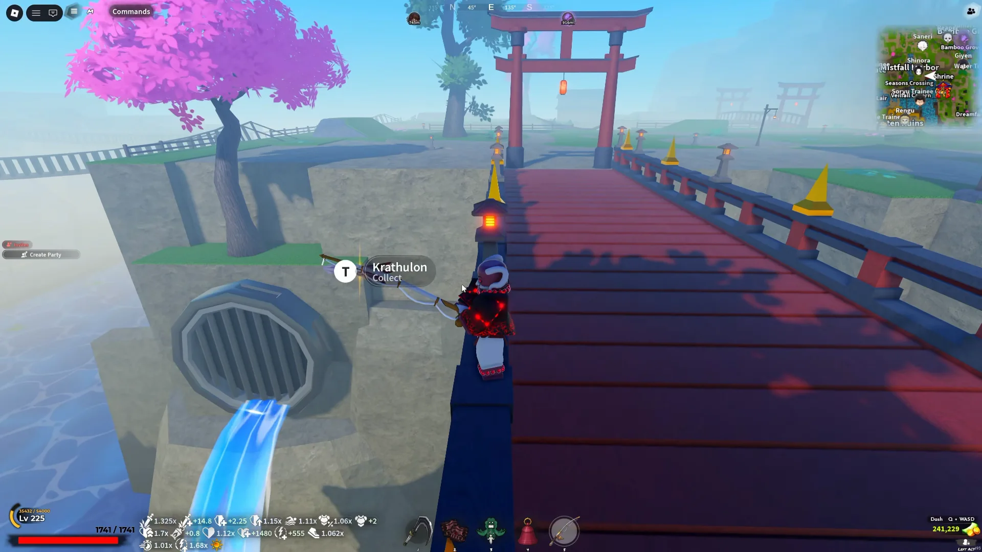 Fishing beside the red bridge and water channel at Mistfall Harbor