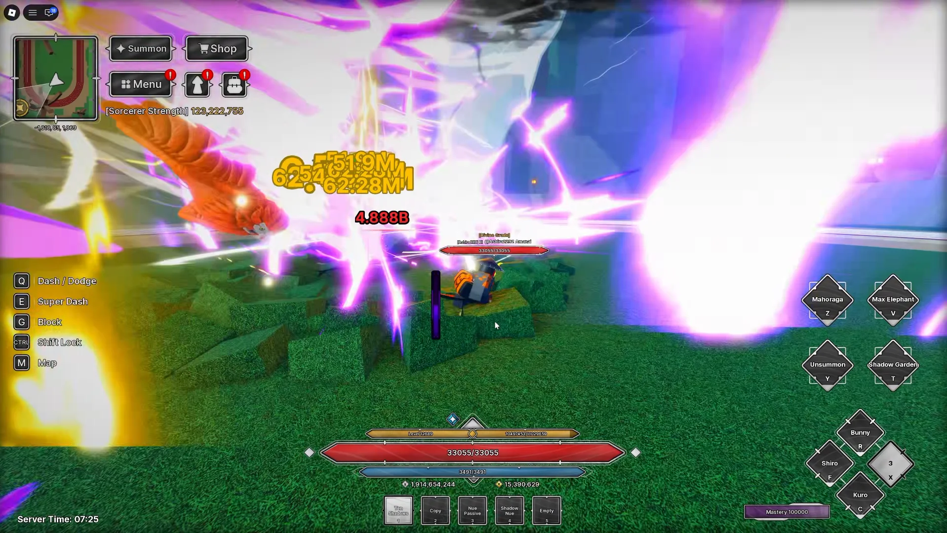 Ten Shadows combat with the passive bar and Shikigami skill controls visible.