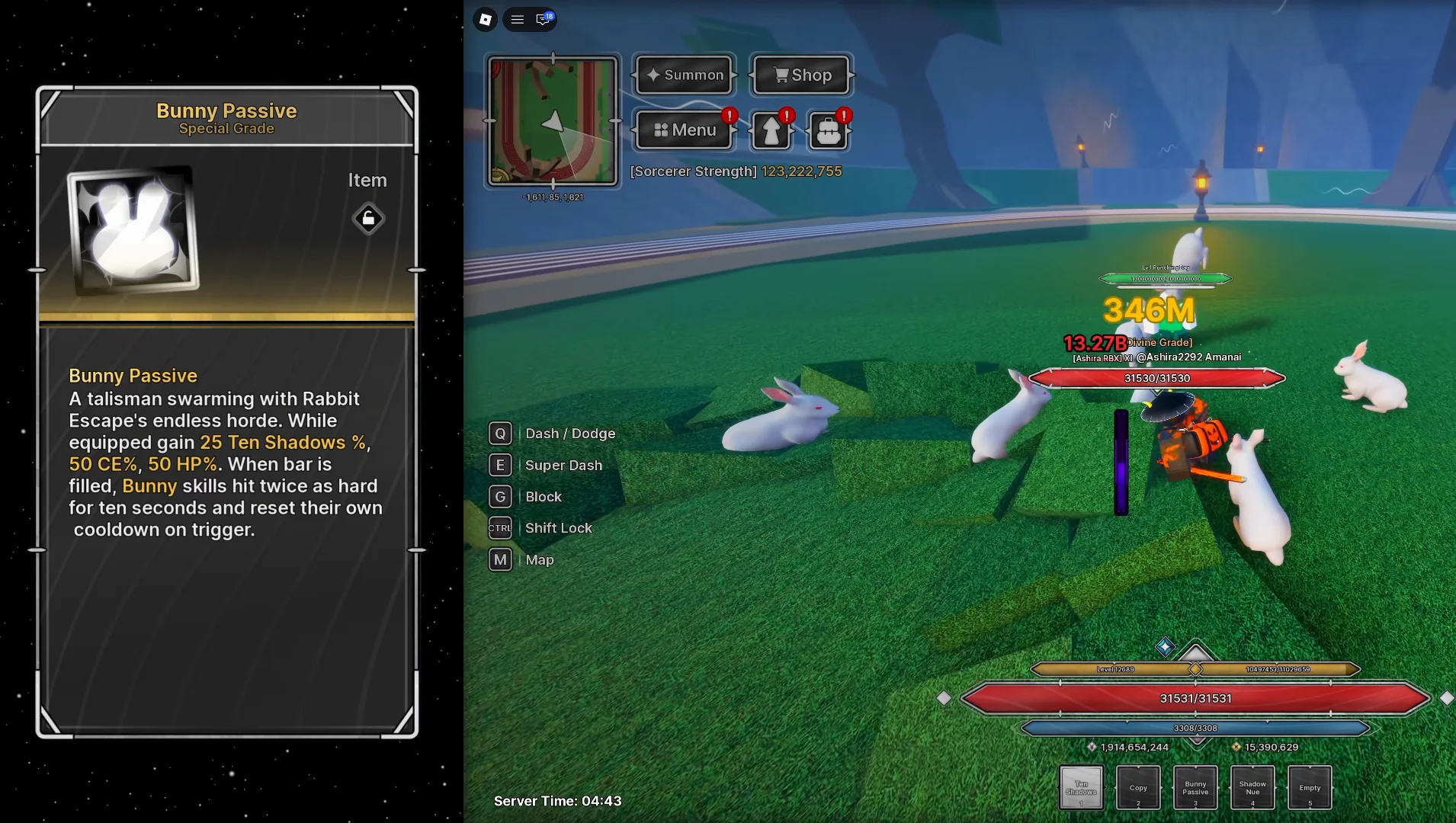 Bunny Passive tooltip showing 25% Ten Shadows damage, 50% Cursed Energy and 50% health.