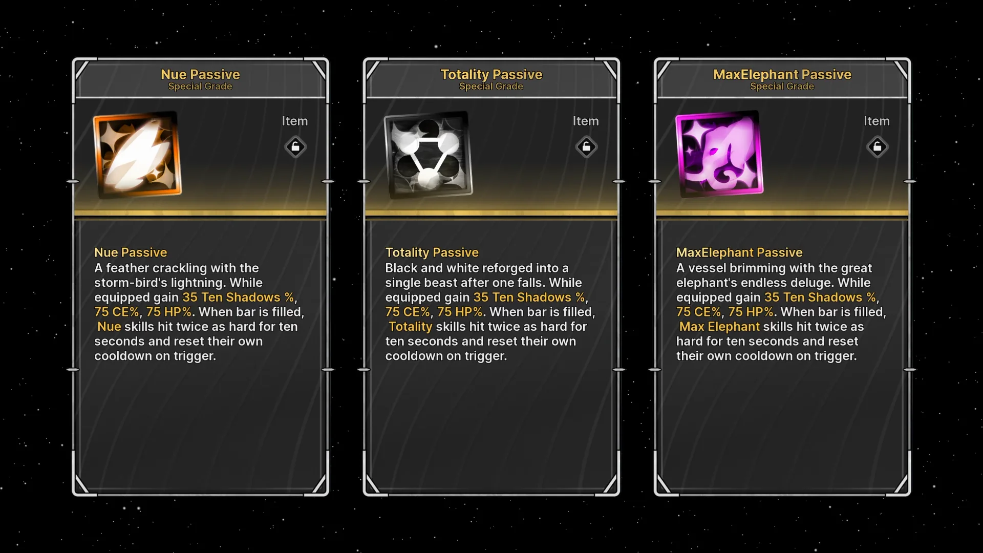 Nue, Totality and Max Elephant passive tooltips showing their matching 35% damage, 75% Cursed Energy and 75% health bonuses.