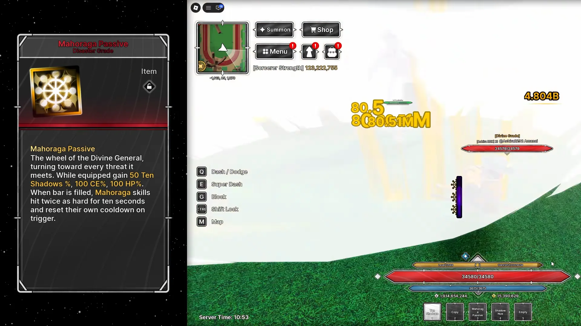 Disaster Grade Mahoraga Passive tooltip showing 50% Ten Shadows damage, 100% Cursed Energy and 100% health.
