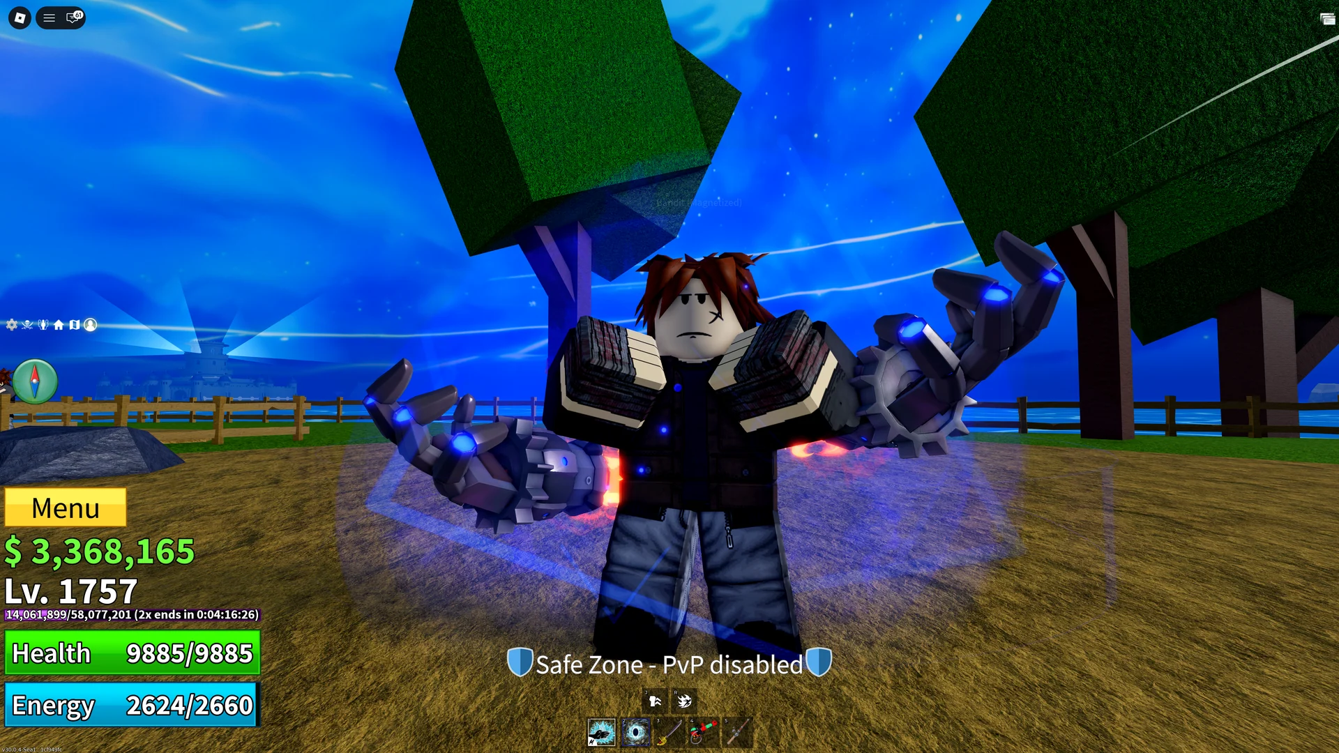 A magnetic enemy with large mechanical hands and a blue aura during the Blox Fruits event.