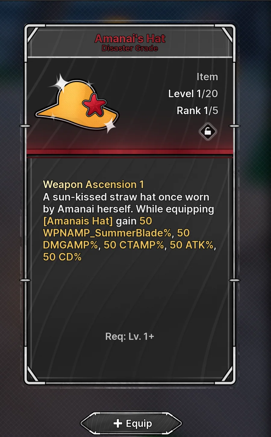 Amanai's Hat maximum-grade effect and level requirement in Jujutsu Zero