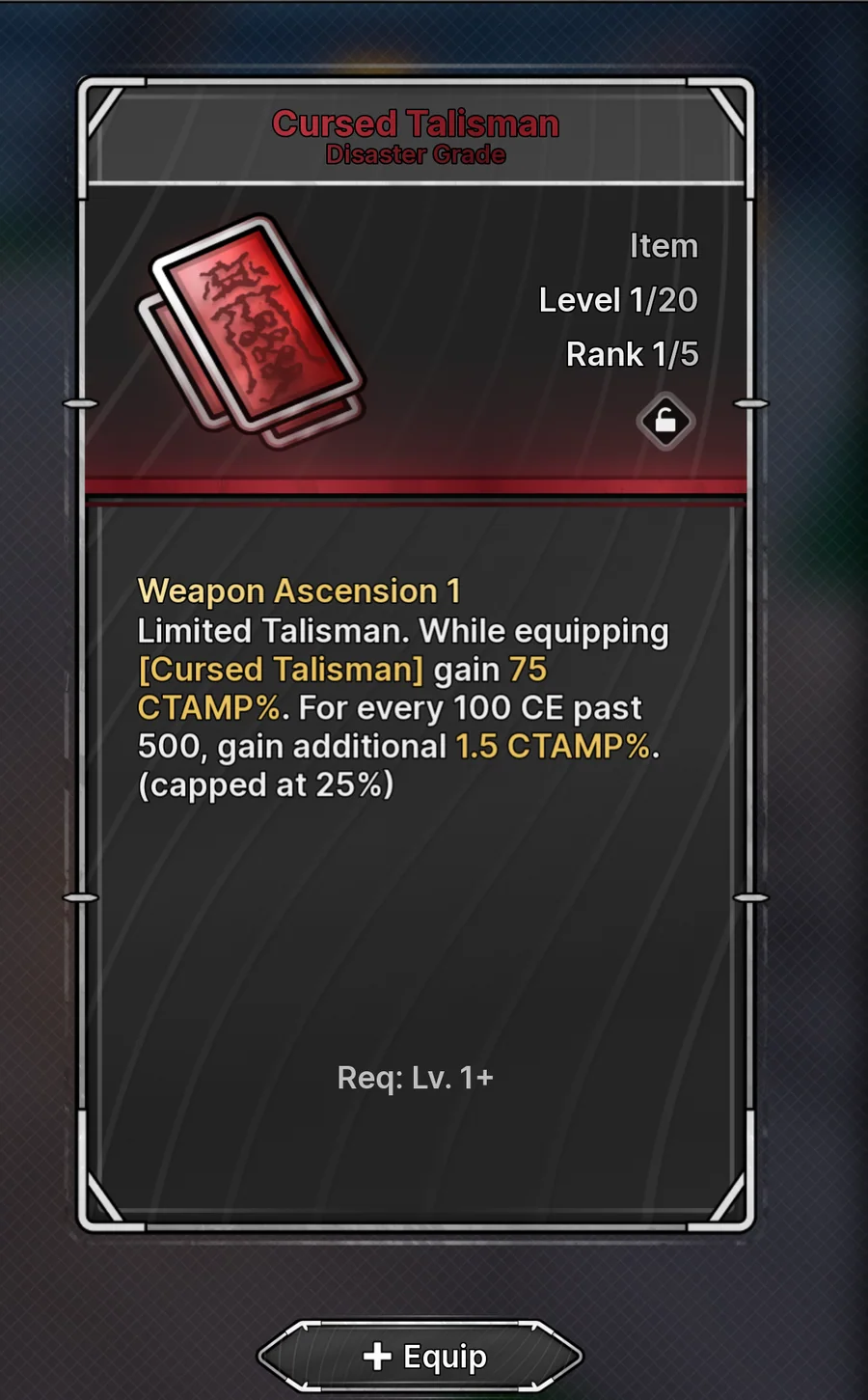 Cursed Talisman maximum-grade effect and level requirement in Jujutsu Zero