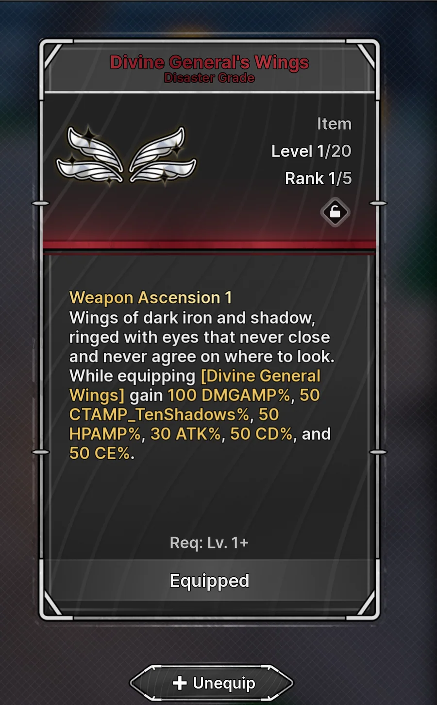 Divine General's Wings maximum-grade effect and level requirement in Jujutsu Zero