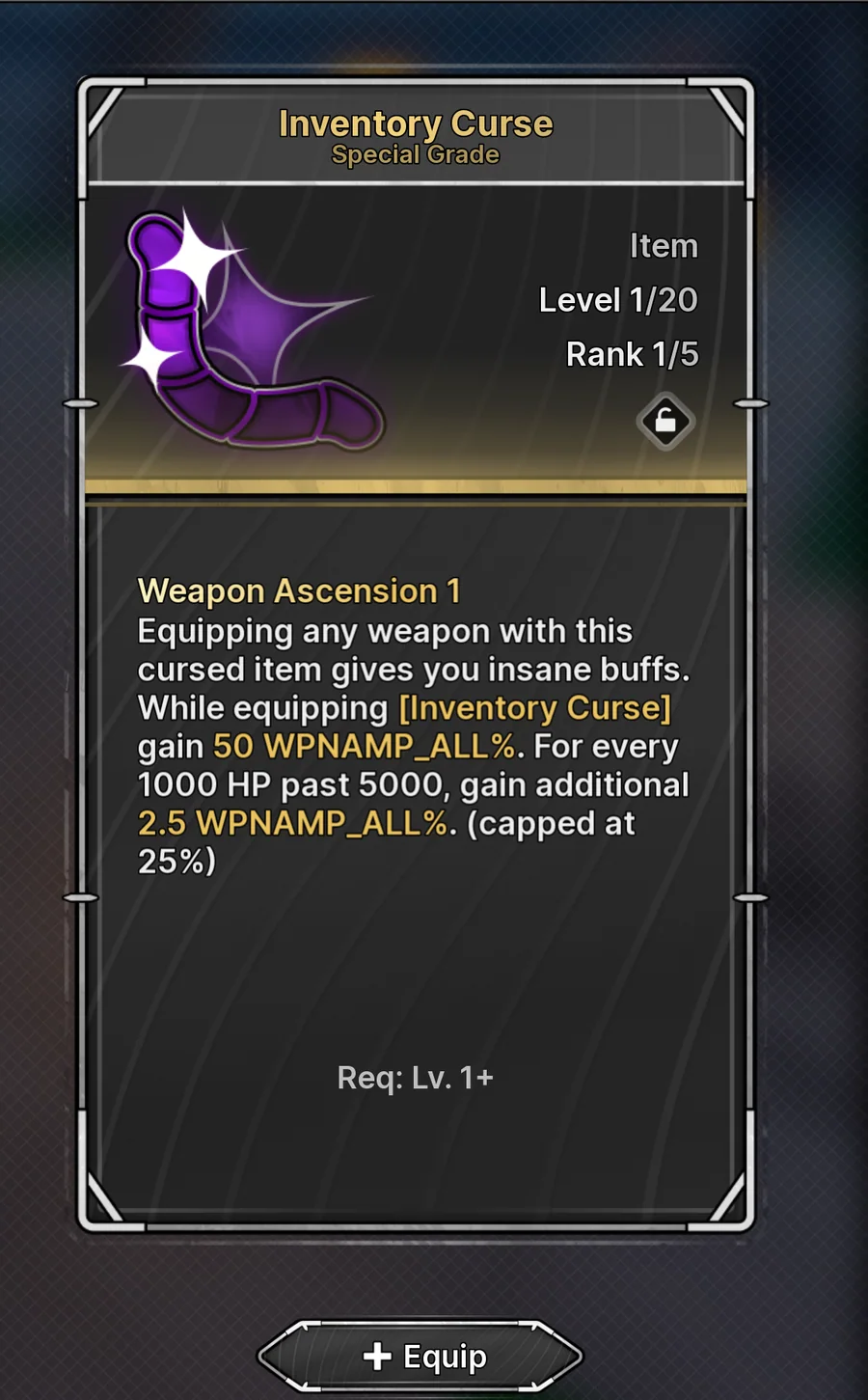 Inventory Curse maximum-grade effect and level requirement in Jujutsu Zero
