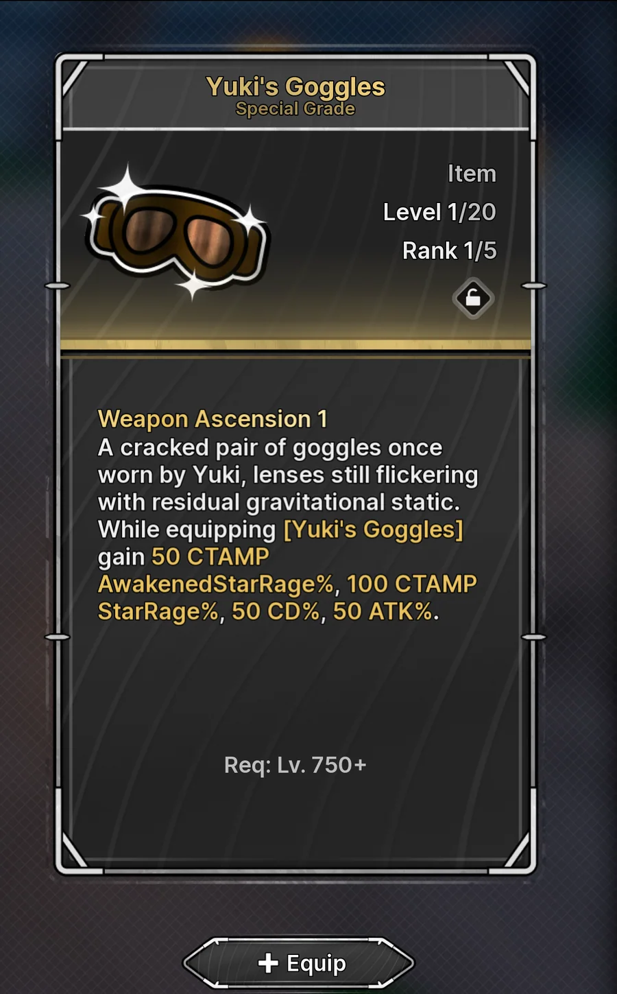 Yuki's Goggles maximum-grade effect and level requirement in Jujutsu Zero