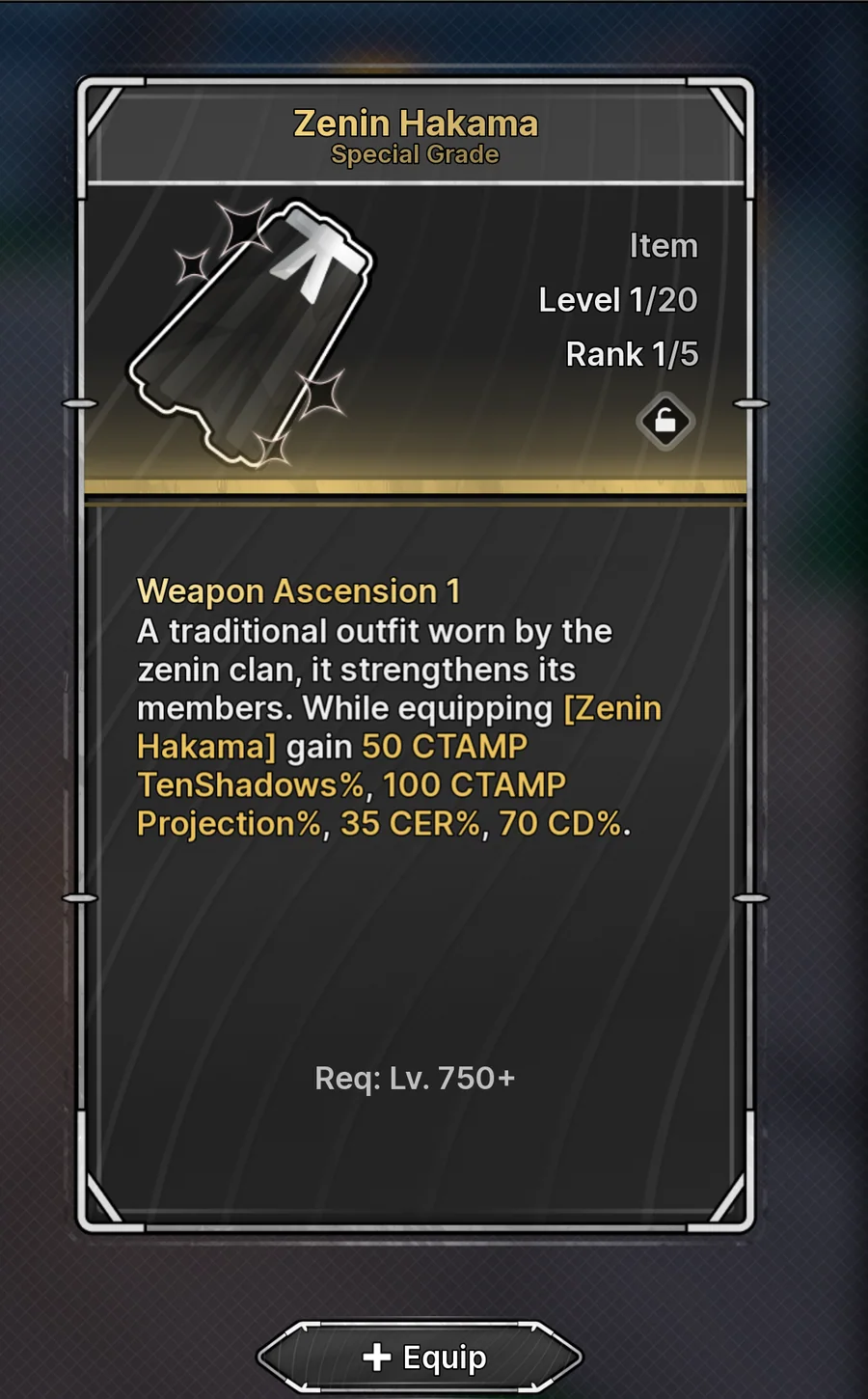Zenin Hakama maximum-grade effect and level requirement in Jujutsu Zero
