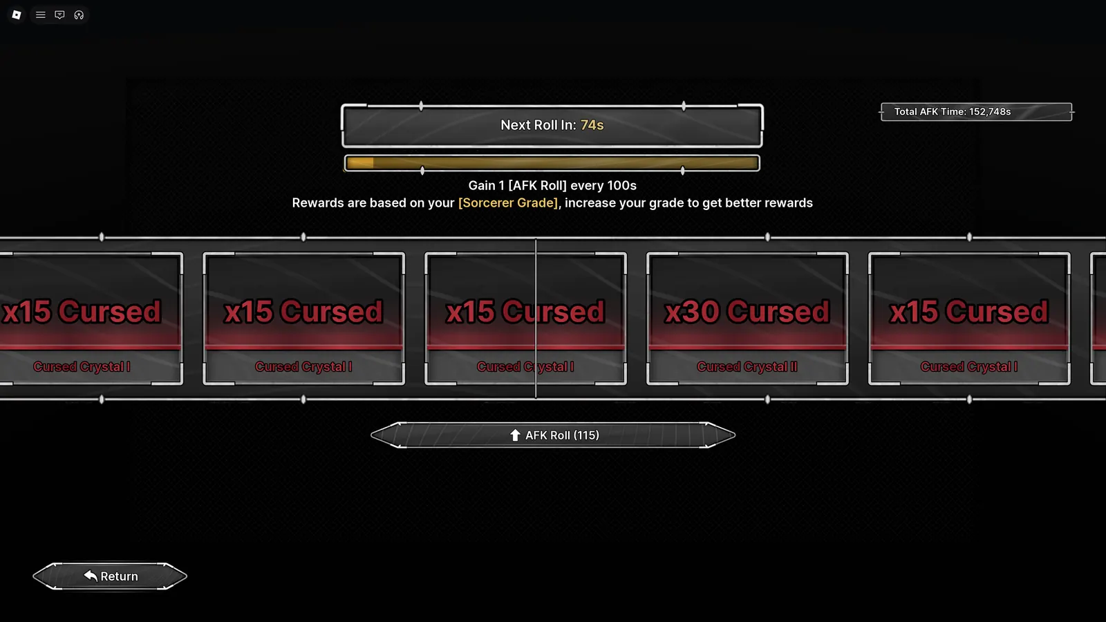 AFK Chamber rewards showing Cursed Crystals
