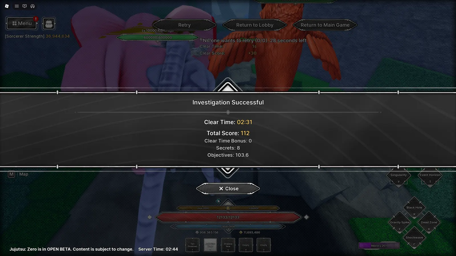 Investigation completion rewards including Cursed Crystals
