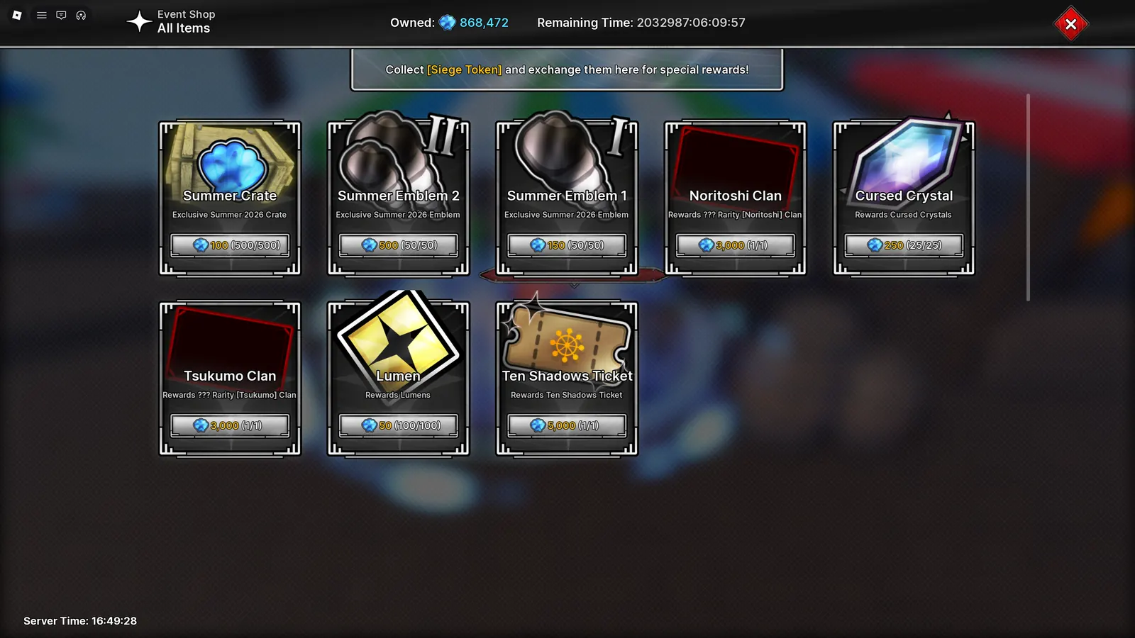 Historical Summer Shop exchange for Cursed Crystals