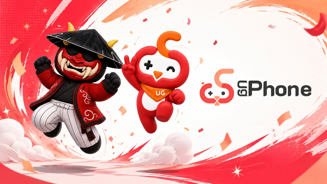 Ashi and the UgPhone mascot celebrating beside the UgPhone logo.